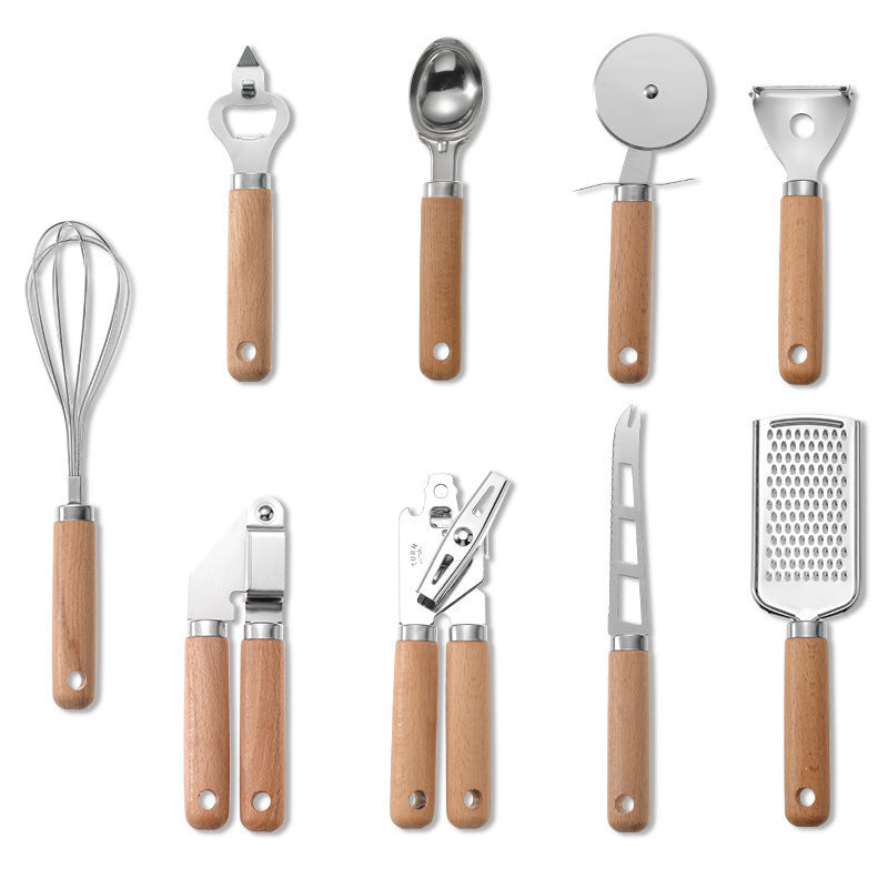 Download main imagesDownload variant imagesDownload description imagesKitchen Tool Wooden Handle Stainless Steel Multifunctional Kitchen Accessories Set Simple Modern Style Home Baking Supplies