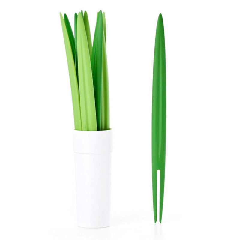Bamboo Leaf-shaped Double Fork Fruit Fork Leaves Fruit Toothpick With Base Set 10 PCs Kitchen Tableware Small Fork