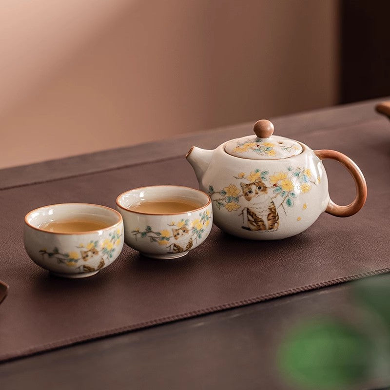 Ware Cute Flower Cat Pot Kung Fu Tea Set