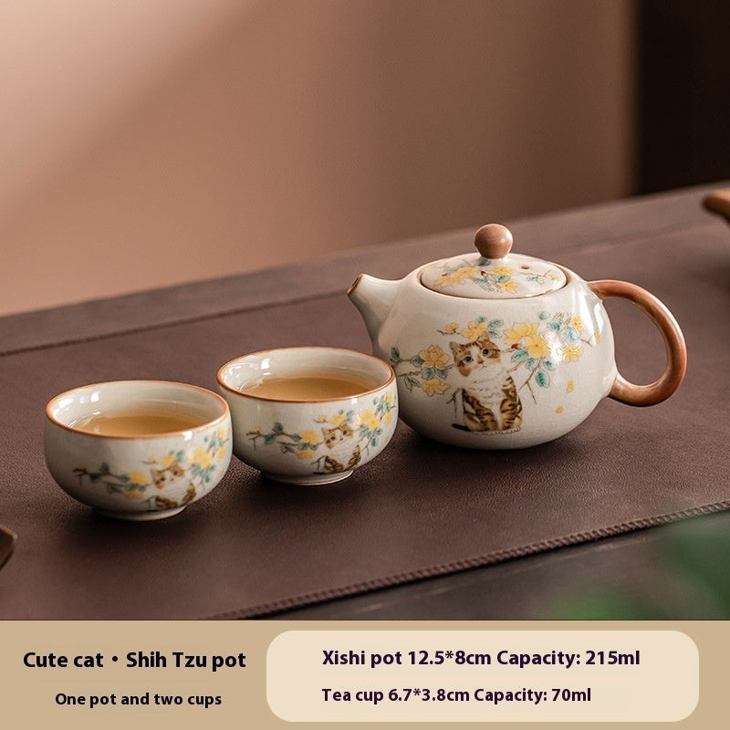 Ware Cute Flower Cat Pot Kung Fu Tea Set